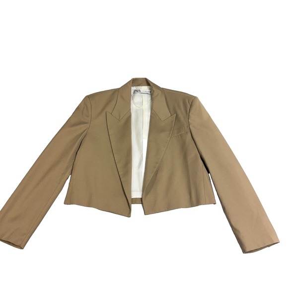 ZARA Cropped Lapel Blazer Taupe Brown Tailored Blazer Open Front Womens Academia - Picture 13 of 16